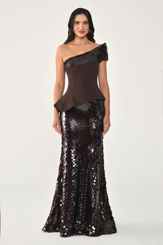 Tek Omuz Üst Asimetrik Kesim Pullu Uzun Elbise