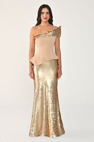 Tek Omuz Üst Asimetrik Kesim Pullu Uzun Elbise