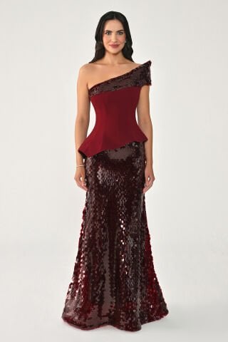 Tek Omuz Üst Asimetrik Kesim Pullu Uzun Elbise