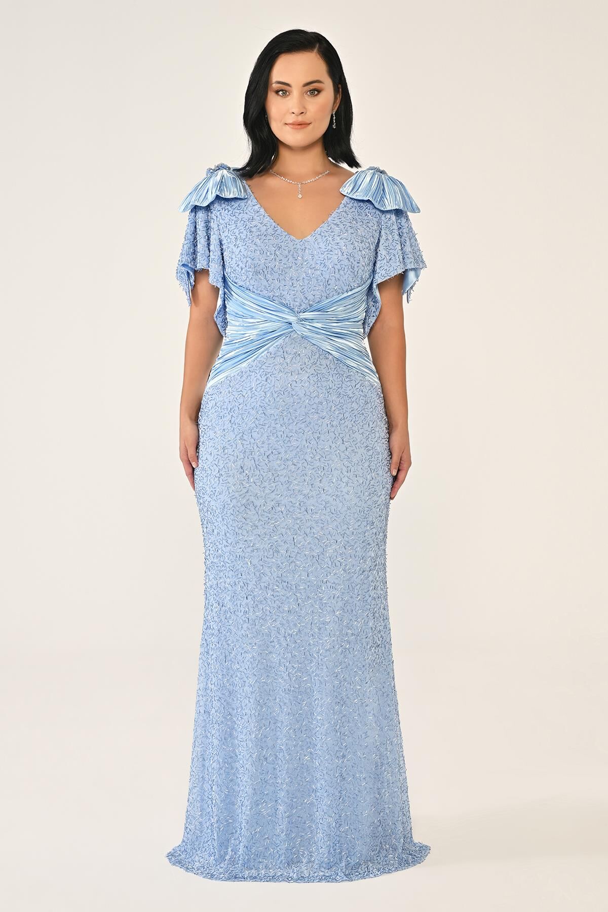 V Yaka Omuz Aksesuarlı Boncuklu Kumaş Uzun Elbise MAVİ - 48