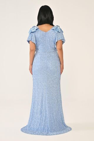 V Yaka Omuz Aksesuarlı Boncuklu Kumaş Uzun Elbise MAVİ - 48