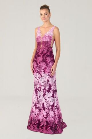 Göğüs Transparan Uzun Elbise Fuşya - 40