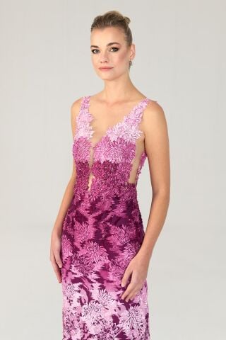 Göğüs Transparan Uzun Elbise Fuşya - 40