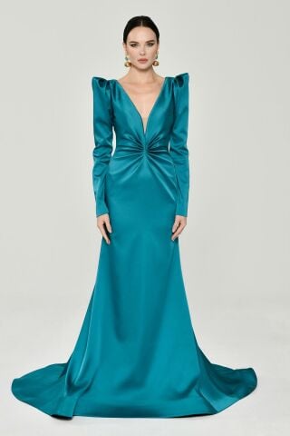 Uzun Kollu Vatkalı Önü Büzgülü Saten Uzun Elbise