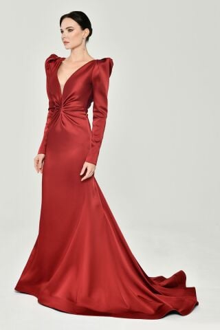 Uzun Kollu Vatkalı Önü Büzgülü Saten Uzun Elbise Bordo - 36