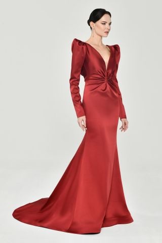 Uzun Kollu Vatkalı Önü Büzgülü Saten Uzun Elbise Bordo - 38