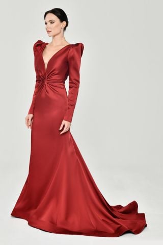 Uzun Kollu Vatkalı Önü Büzgülü Saten Uzun Elbise Bordo - 38