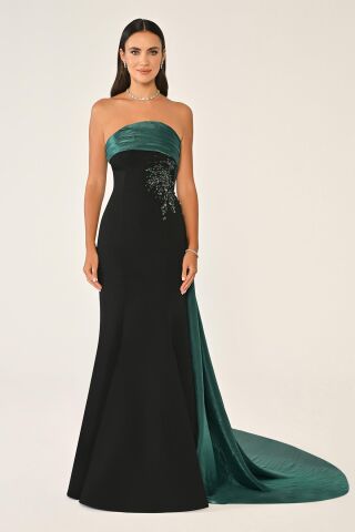 Straplez Üstü İşlemeli Kuyruklu Krep Uzun Elbise SİYAH / ZÜMRÜT - 40