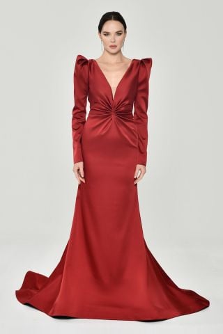 Uzun Kollu Vatkalı Önü Büzgülü Saten Uzun Elbise Bordo - 40