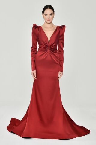 Uzun Kollu Vatkalı Önü Büzgülü Saten Uzun Elbise Bordo - 40