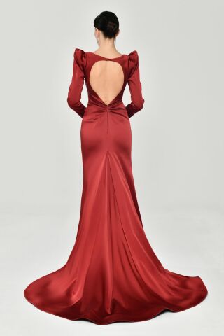 Uzun Kollu Vatkalı Önü Büzgülü Saten Uzun Elbise Bordo - 40