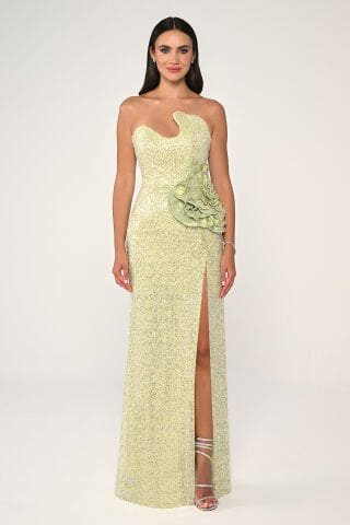 Straplez Göğüsü Asimetrik Kesim Payet Kumaş Uzun Elbise