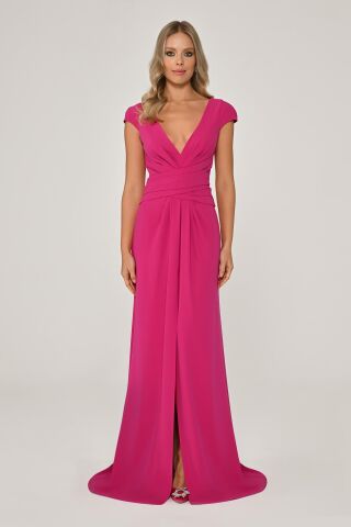 Derin V Yaka Önden Drapeli Kuyrukluı Krep Uzun Elbise Fuşya - 38