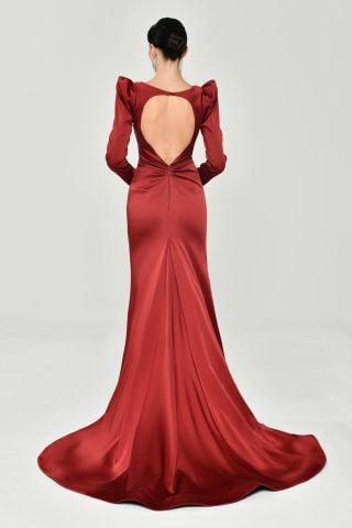 Uzun Kollu Vatkalı Önü Büzgülü Saten Uzun Elbise Bordo - 42