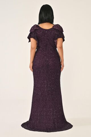 V Yaka Omuz Aksesuarlı Boncuklu Kumaş Uzun Elbise Mürdüm - 44