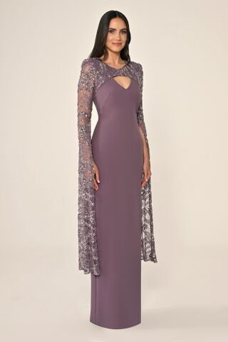 Boncuklu Payet Şal Kol Krep Uzun Elbise Lila - 48