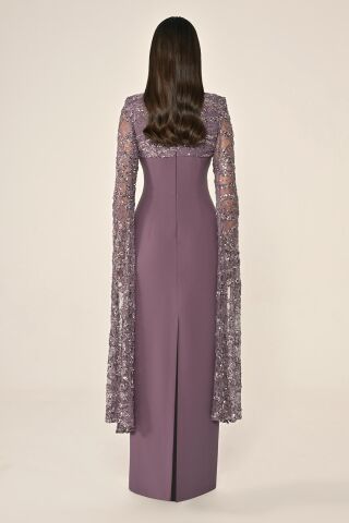 Boncuklu Payet Şal Kol Krep Uzun Elbise Lila - 48