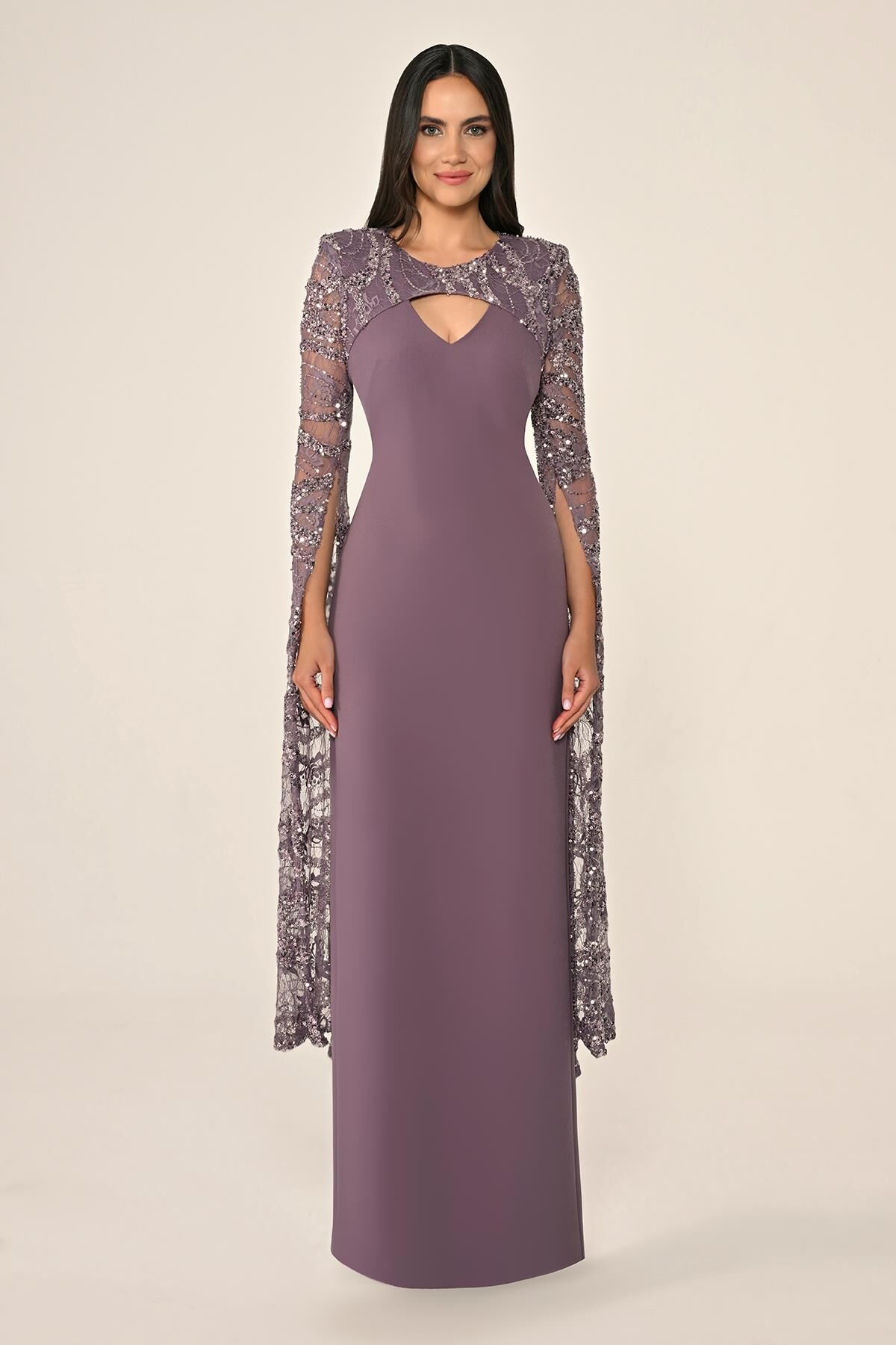 Boncuklu Payet Şal Kol Krep Uzun Elbise Lila - 48
