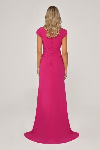 Derin V Yaka Önden Drapeli Kuyrukluı Krep Uzun Elbise Fuşya - 40