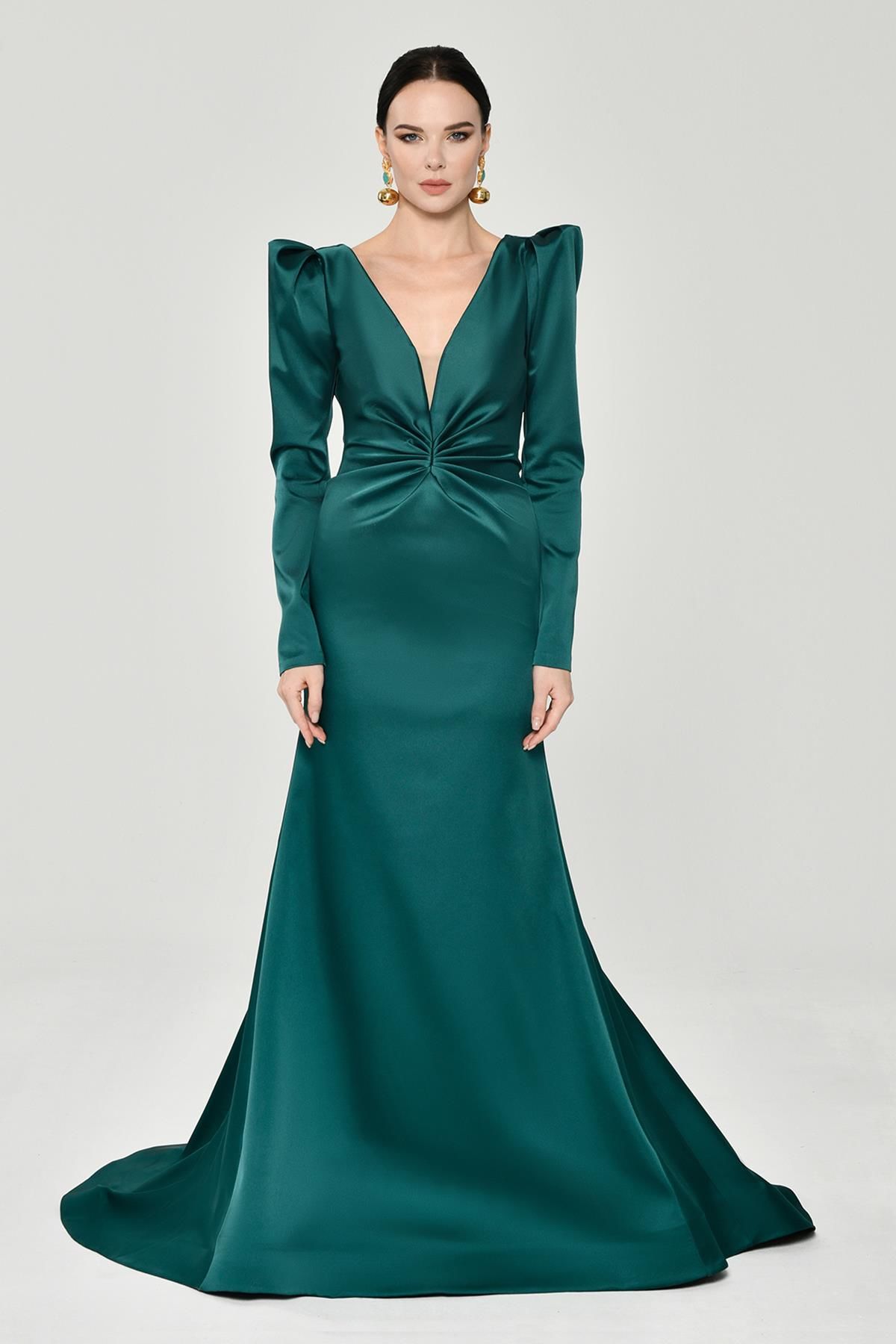 Uzun Kollu Vatkalı Önü Büzgülü Saten Uzun Elbise ZÜMRÜT - 36