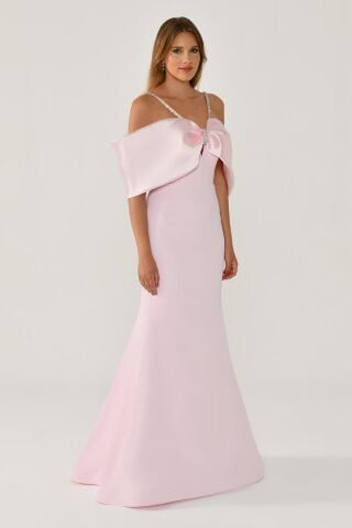 Taşlı İp Askılı Düşük Omuz Krep Uzun Elbise PEMBE / PEMBE - 46