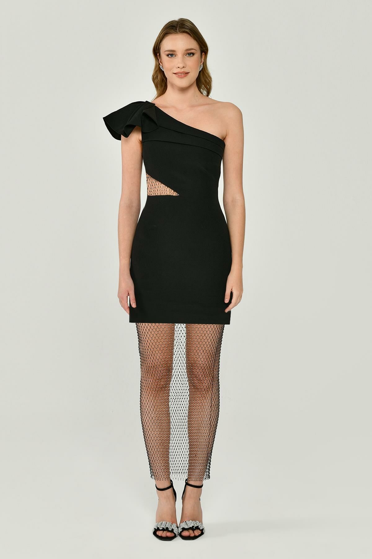 One-Shoulder-Netzkleid mit Steinen an Oberteil und Rock Schwarz - 40