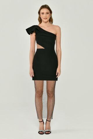One-Shoulder-Netzkleid mit Steinen an Oberteil und Rock Schwarz - 40