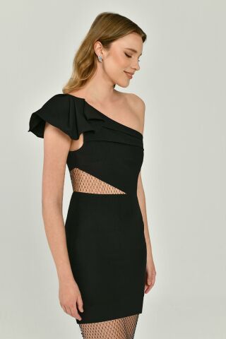 One-Shoulder-Netzkleid mit Steinen an Oberteil und Rock Schwarz - 40