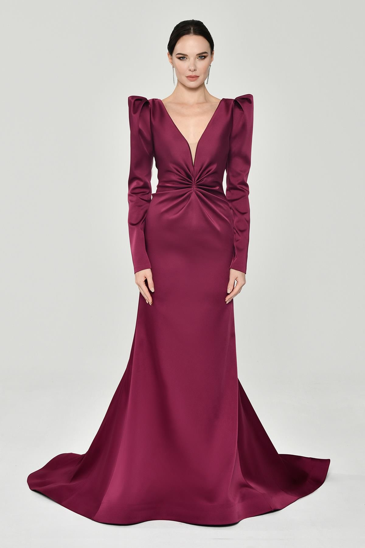 Uzun Kollu Vatkalı Önü Büzgülü Saten Uzun Elbise VİŞNE - 38