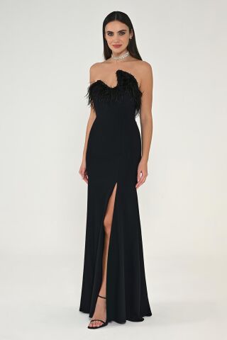 Straplez Üst Tüylü Asimetrik Kesim Krep Uzun Elbise Siyah - 42