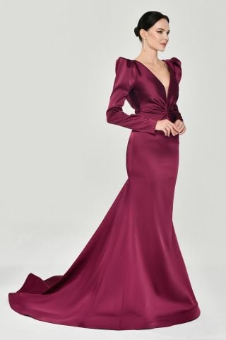 Uzun Kollu Vatkalı Önü Büzgülü Saten Uzun Elbise VİŞNE - 44