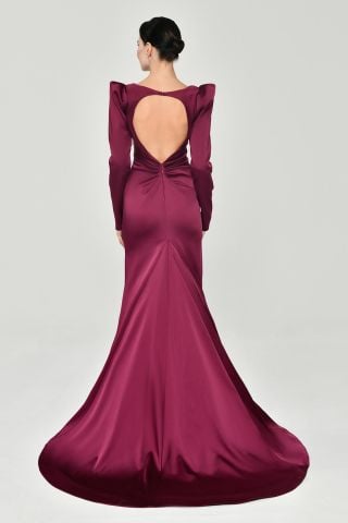 Uzun Kollu Vatkalı Önü Büzgülü Saten Uzun Elbise VİŞNE - 44