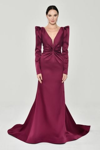 Uzun Kollu Vatkalı Önü Büzgülü Saten Uzun Elbise VİŞNE - 44