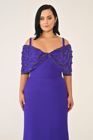 Askılı Taş Baskılı Krep Uzun Elbise Mor - 44