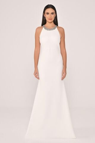 Yaka Ve Sırtı Aksesuarlı Krep Uzun Elbise Beyaz - 42