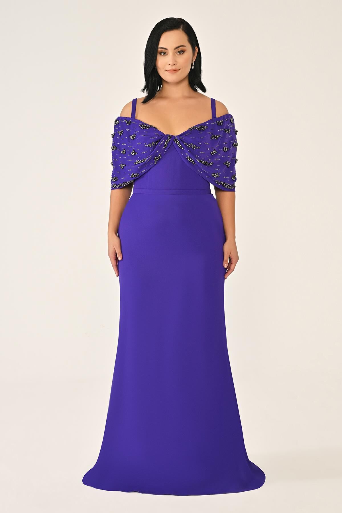 Askılı Taş Baskılı Krep Uzun Elbise Mor - 46