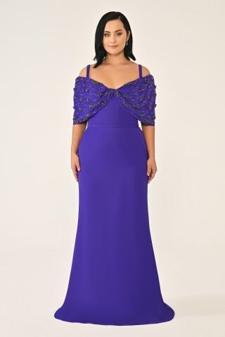 Askılı Taş Baskılı Krep Uzun Elbise Mor - 46