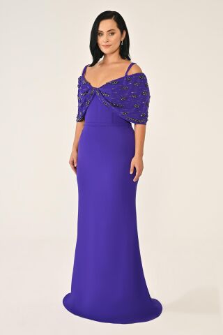 Askılı Taş Baskılı Krep Uzun Elbise Mor - 46