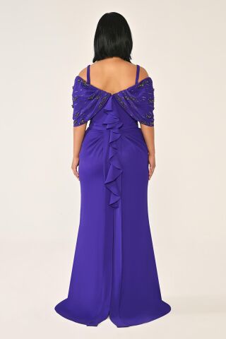 Askılı Taş Baskılı Krep Uzun Elbise Mor - 46