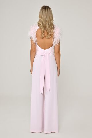 Omzu Tüylü Dekolteli Bol Paça Uzun Tulum Pembe - 38