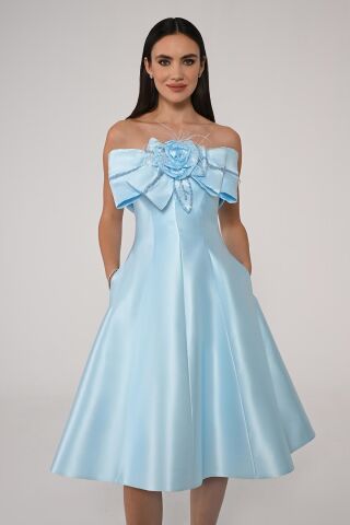 Straplez Önü Çiçekli Fiyonk Saten Midi Elbise AÇIK MAVİ - 36