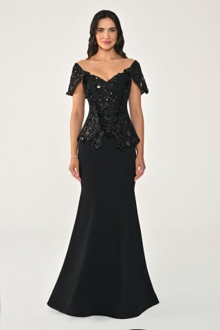 Düşük Omuz Üstü Payetli Balık Kesim Uzun Elbise