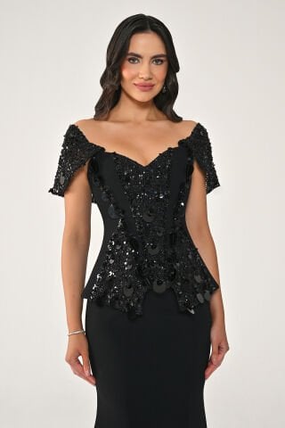 Düşük Omuz Üstü Payetli Balık Kesim Uzun Elbise