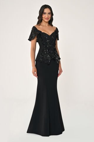 Düşük Omuz Üstü Payetli Balık Kesim Uzun Elbise