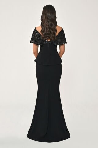 Düşük Omuz Üstü Payetli Balık Kesim Uzun Elbise