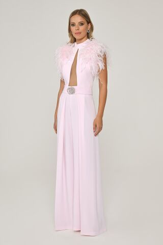 Omzu Tüylü Dekolteli Bol Paça Uzun Tulum Pembe - 40