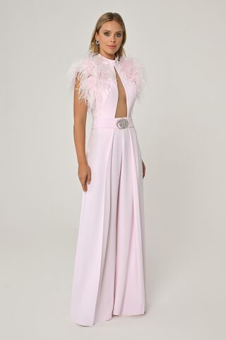 Omzu Tüylü Dekolteli Bol Paça Uzun Tulum Pembe - 40