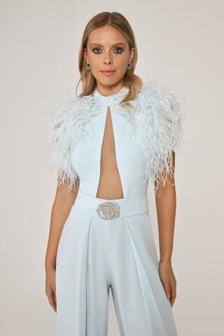 Omzu Tüylü Dekolteli Bol Paça Uzun Tulum AÇIK MAVİ - 38