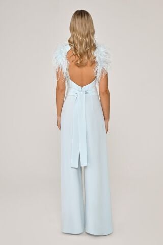 Omzu Tüylü Dekolteli Bol Paça Uzun Tulum AÇIK MAVİ - 38