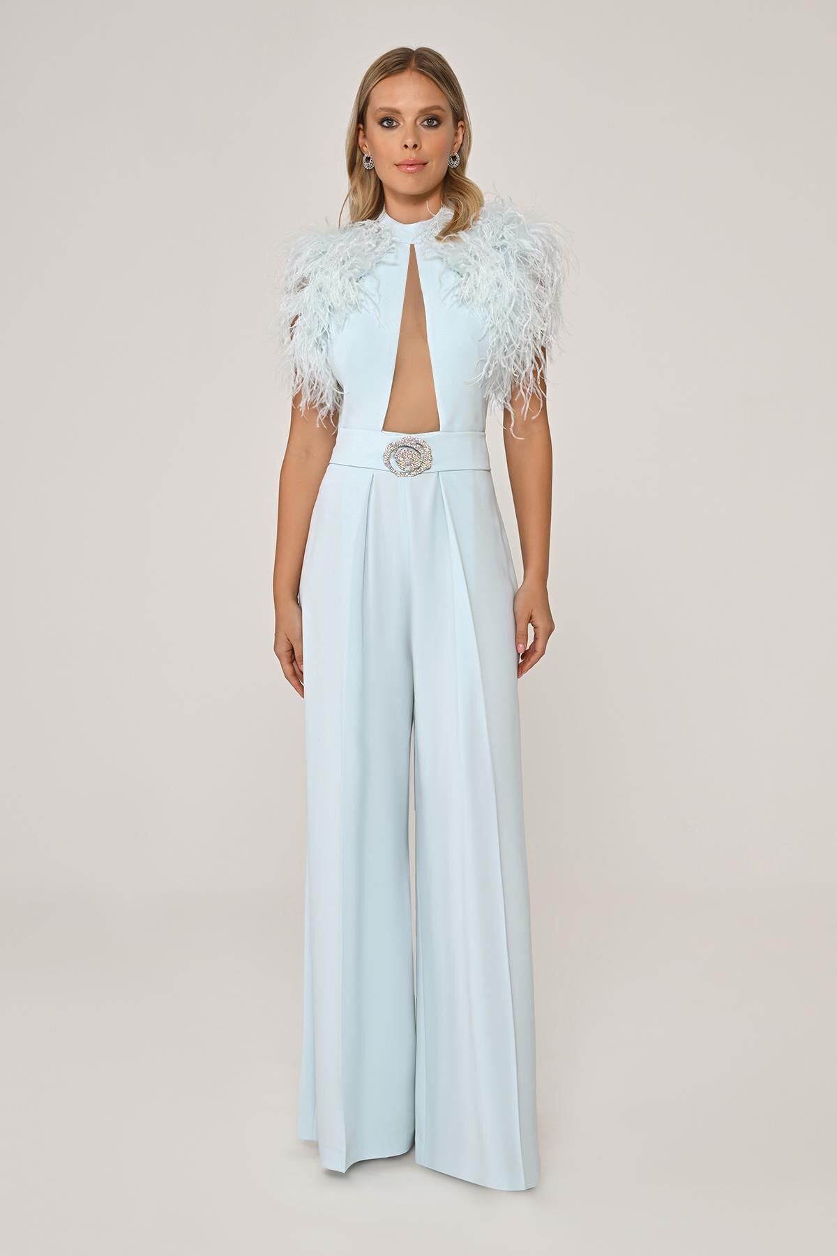 Omzu Tüylü Dekolteli Bol Paça Uzun Tulum AÇIK MAVİ - 40